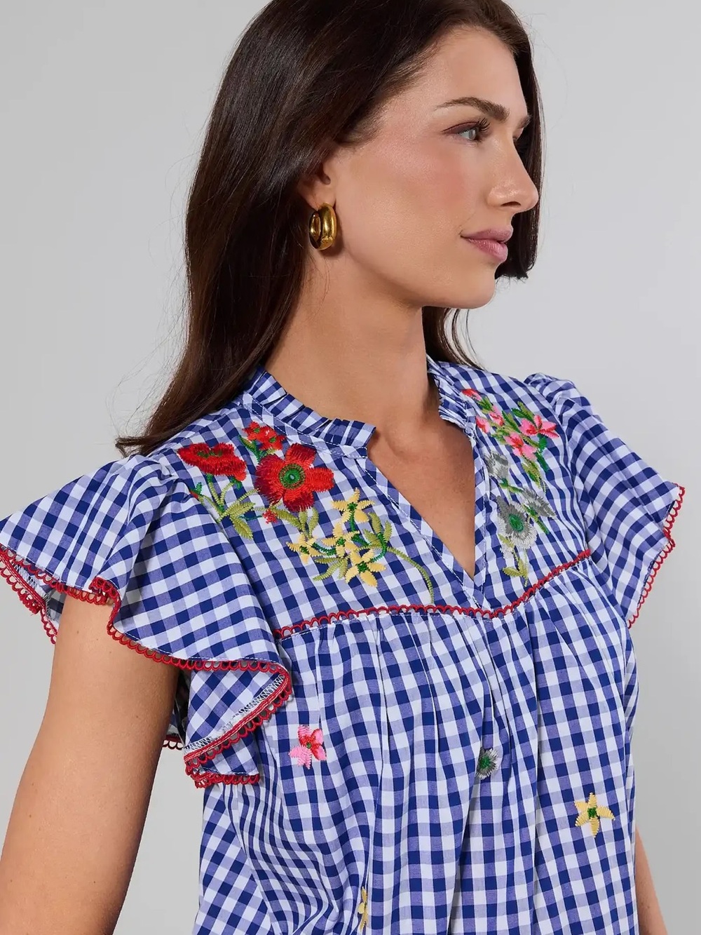 Adela Blue Gingham Embroidered Flutter-Sleeve Top NWT - L - Picture 2 of 3